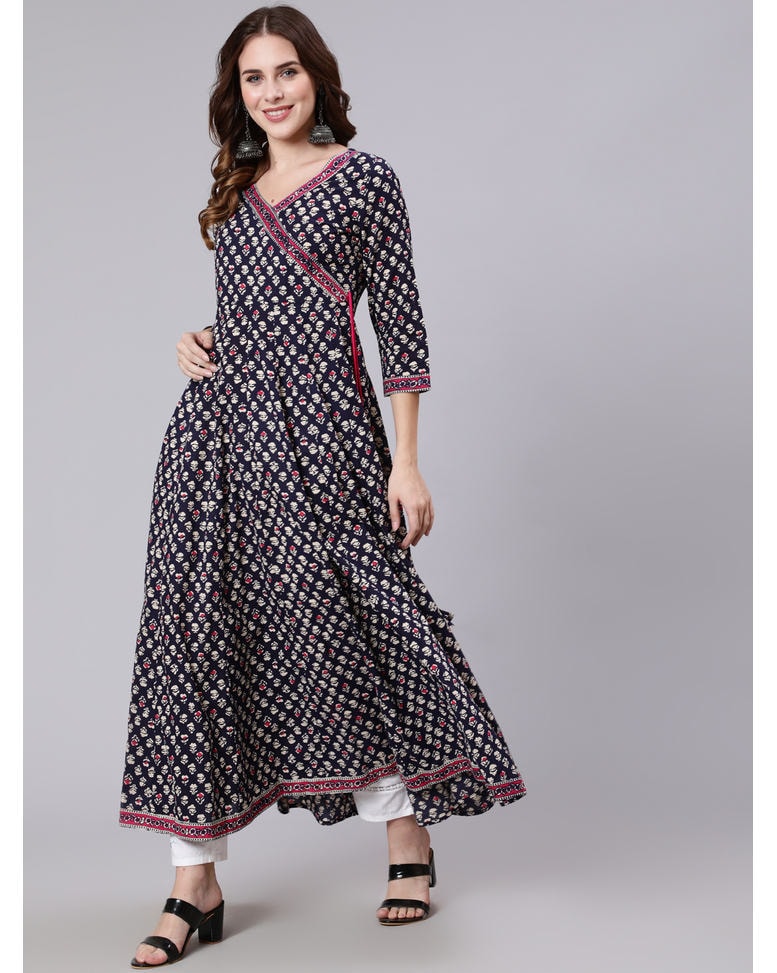 Blue Cotton Printed Flared Kurta