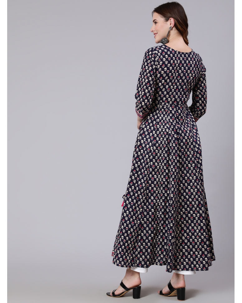 Blue Cotton Printed Flared Kurta