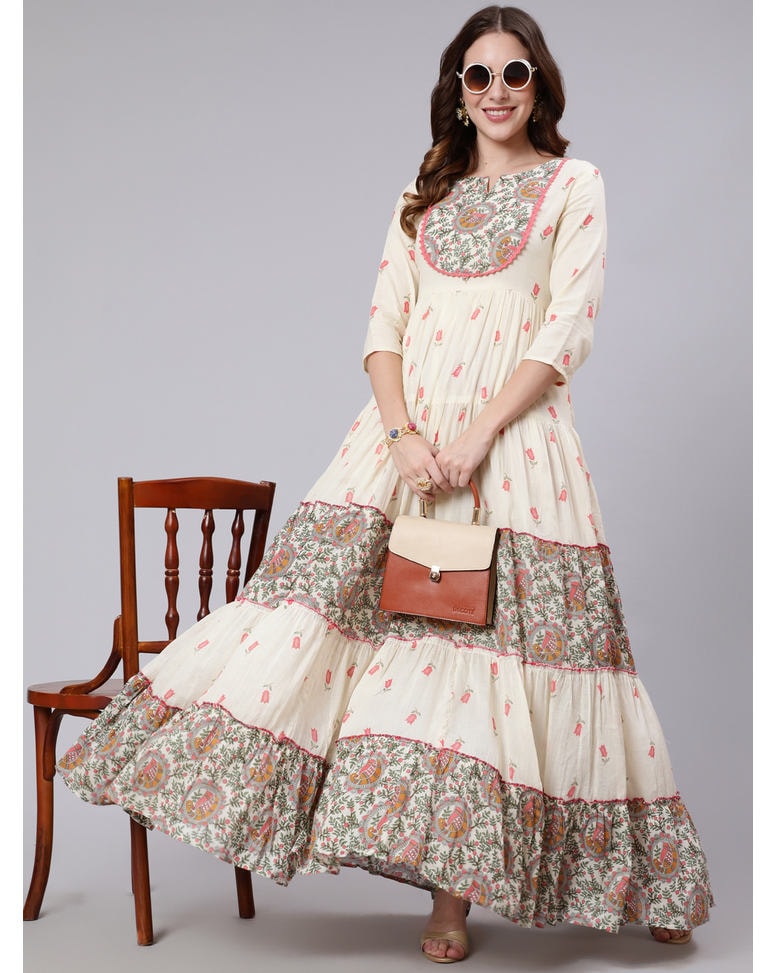 White Cotton Printed Flared Kurta