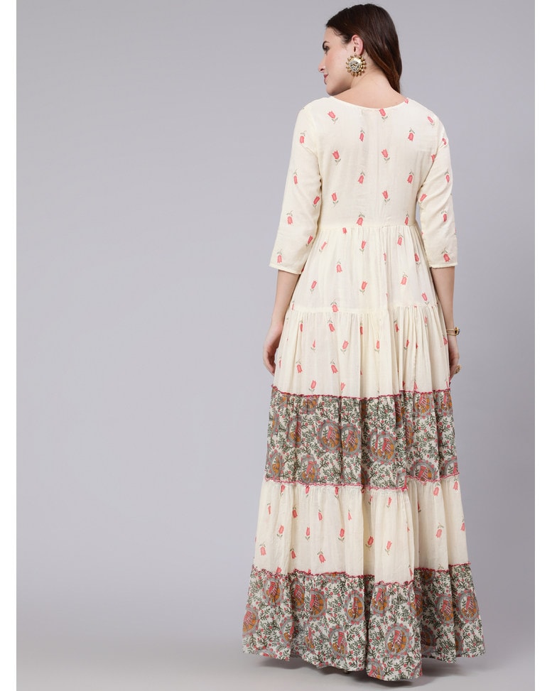 White Cotton Printed Flared Kurta