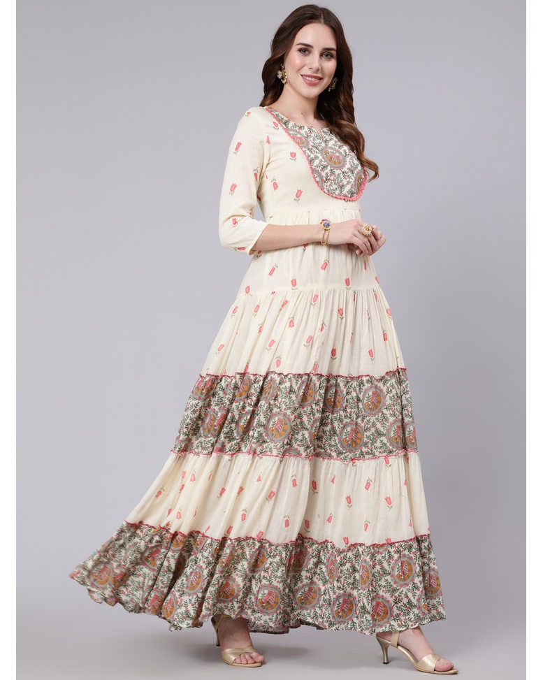 White Cotton Printed Flared Kurta