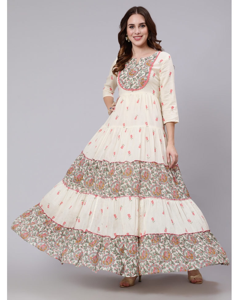 White Cotton Printed Flared Kurta