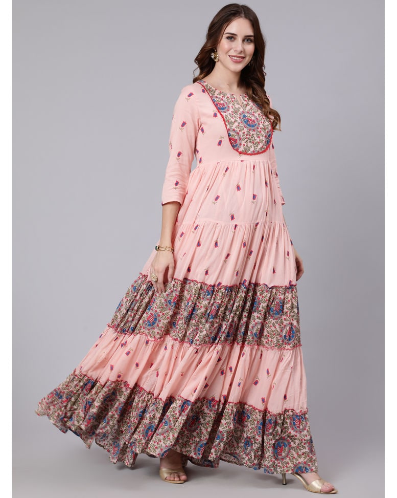 Pink Cotton Printed Flared Kurta