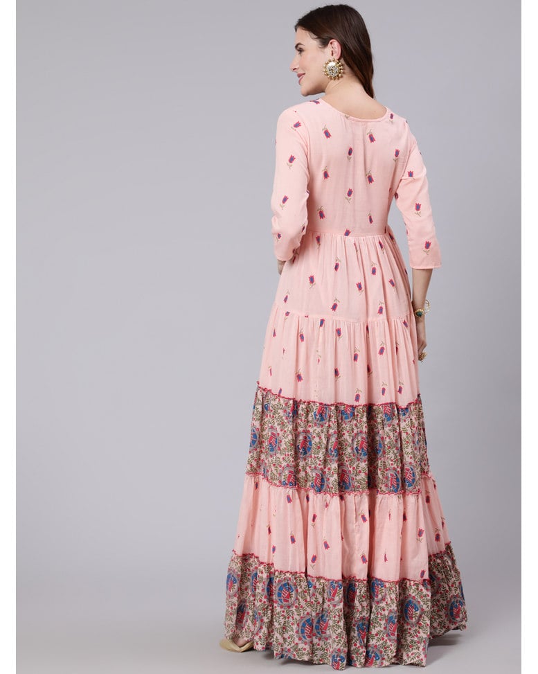 Pink Cotton Printed Flared Kurta