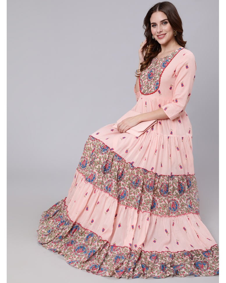 Pink Cotton Printed Flared Kurta