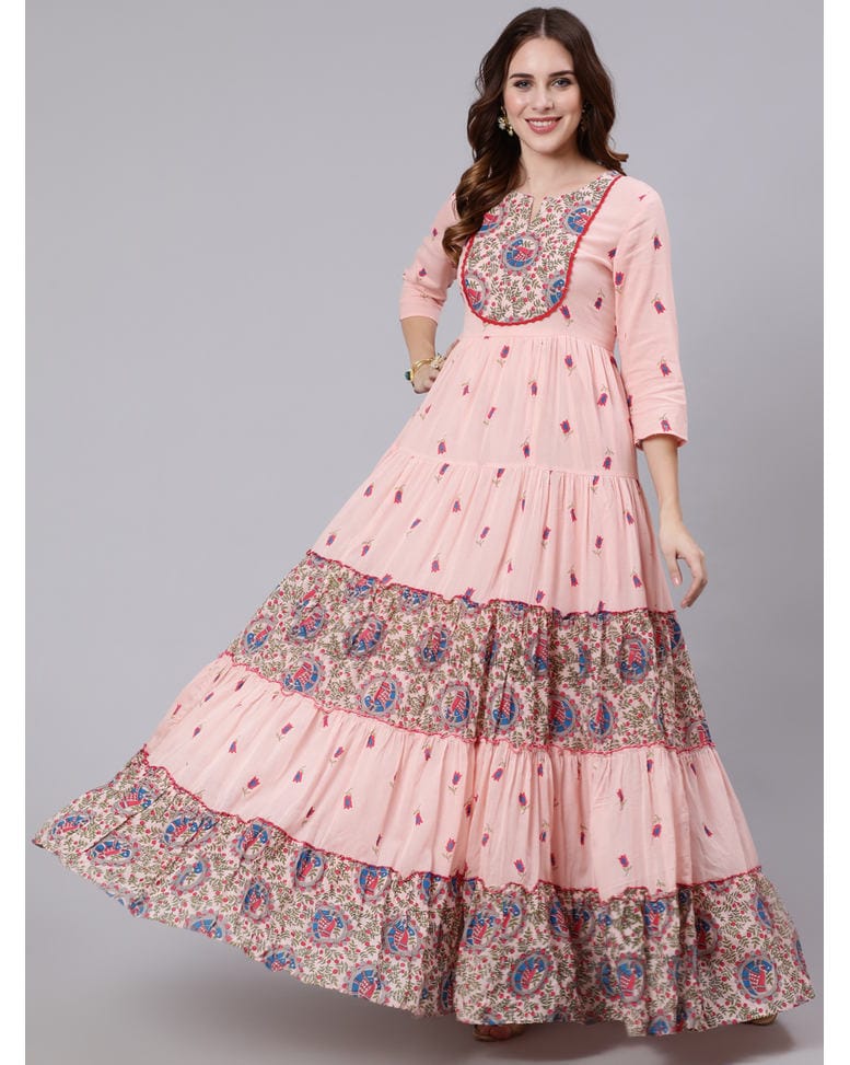 Pink Cotton Printed Flared Kurta