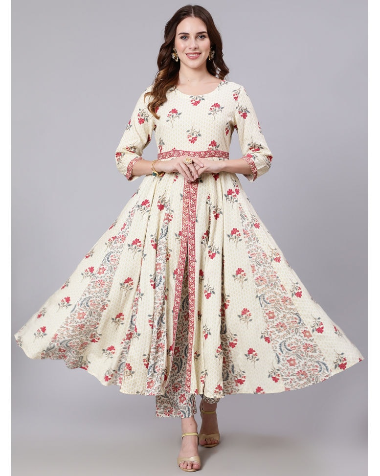 White Cotton Printed Ethnic Pants SuitSet