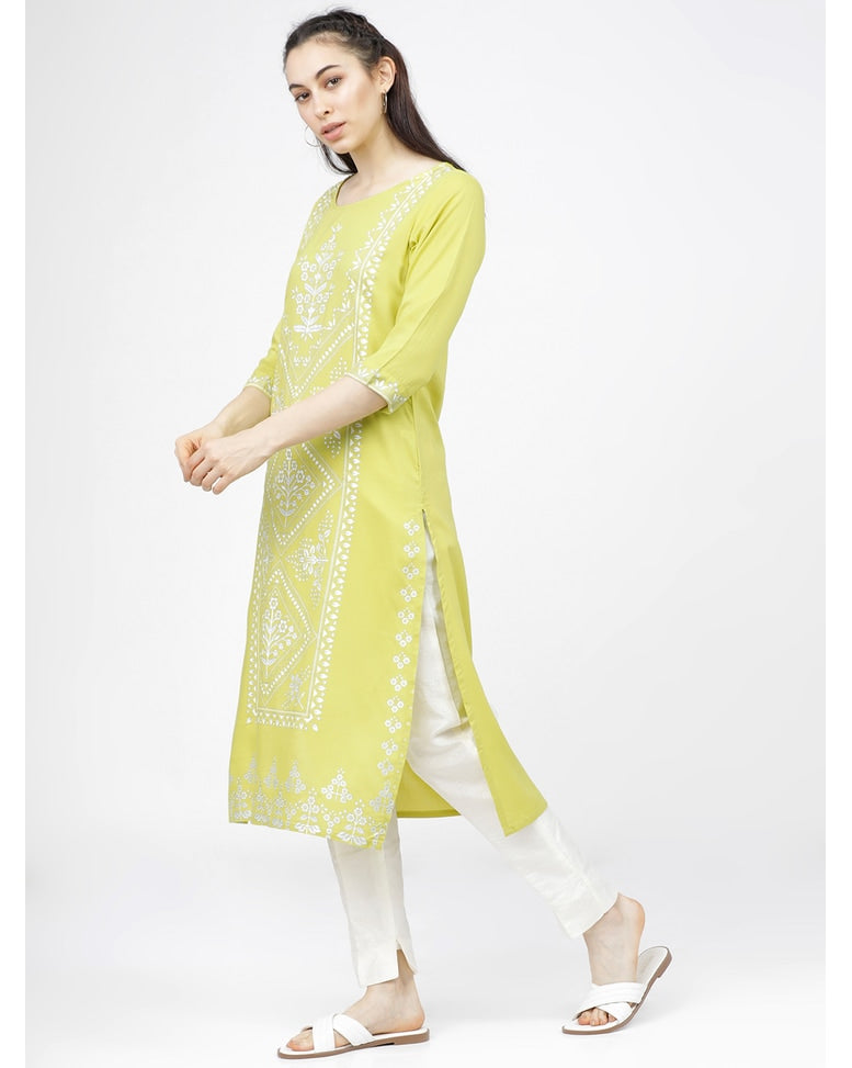 Green Viscose Printed Straight Kurta