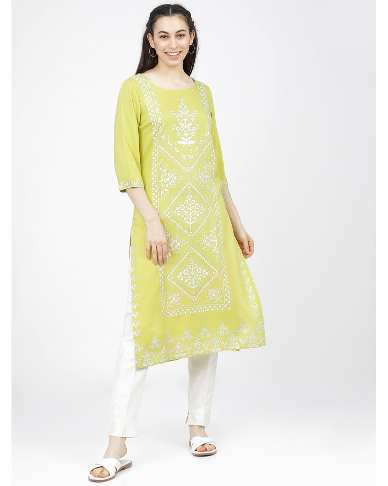 Green Viscose Printed Straight Kurta