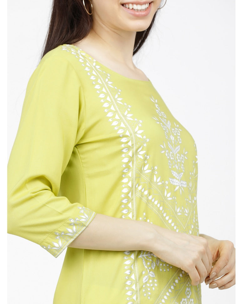 Green Viscose Printed Straight Kurta