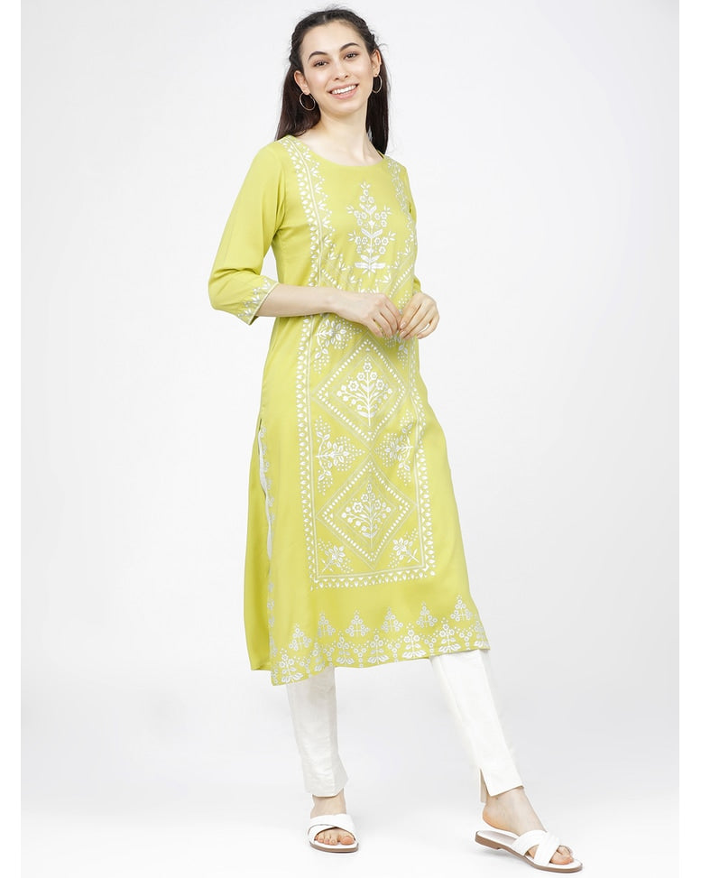 Green Viscose Printed Straight Kurta
