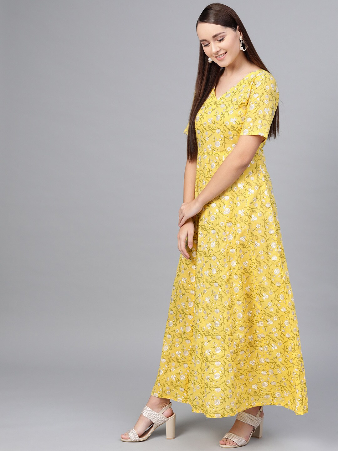 Yellow Multi colored Floral printed maxi dress with V neck & 3/4 sleeves