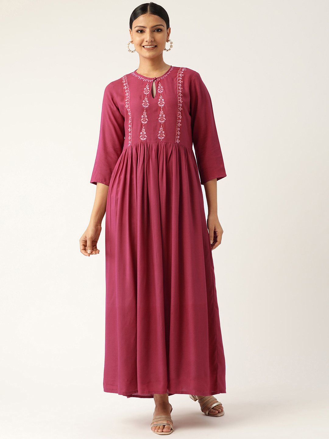 Women Pink Solid Solid Keyhole Neck Viscose Rayon Fit and Flare Dress