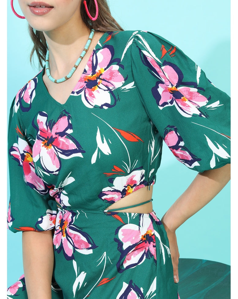 Green Polyester Printed A-line Dress
