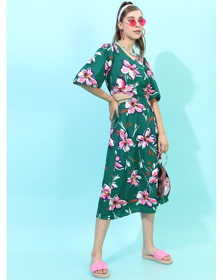 Green Polyester Printed A-line Dress
