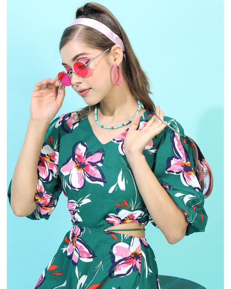Green Polyester Printed A-line Dress