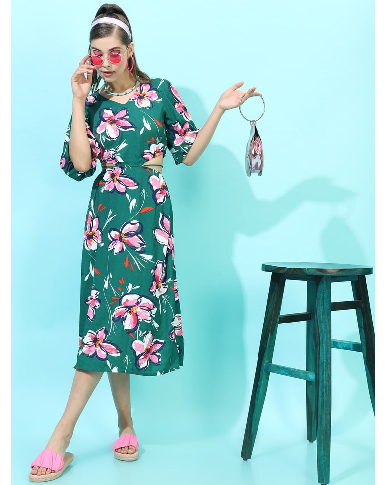Green Polyester Printed A-line Dress