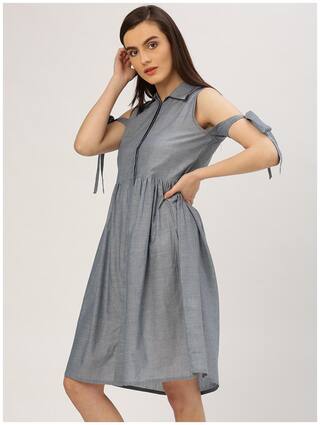 Women's A-Line Blue Solid Cotton Handloom Cold Shoulder Dress