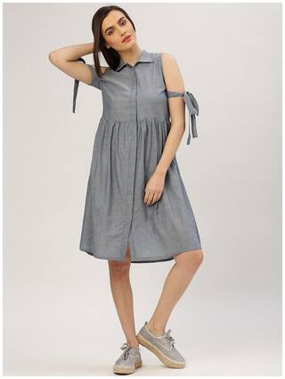 Women's A-Line Blue Solid Cotton Handloom Cold Shoulder Dress