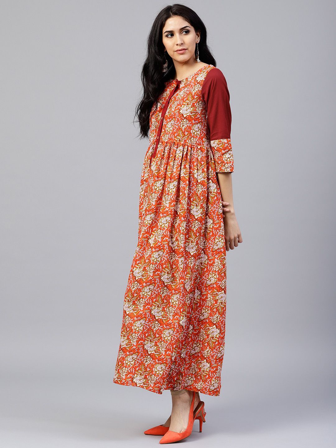 Women Orange Ethnic Motifs A-Line Maxi Dress