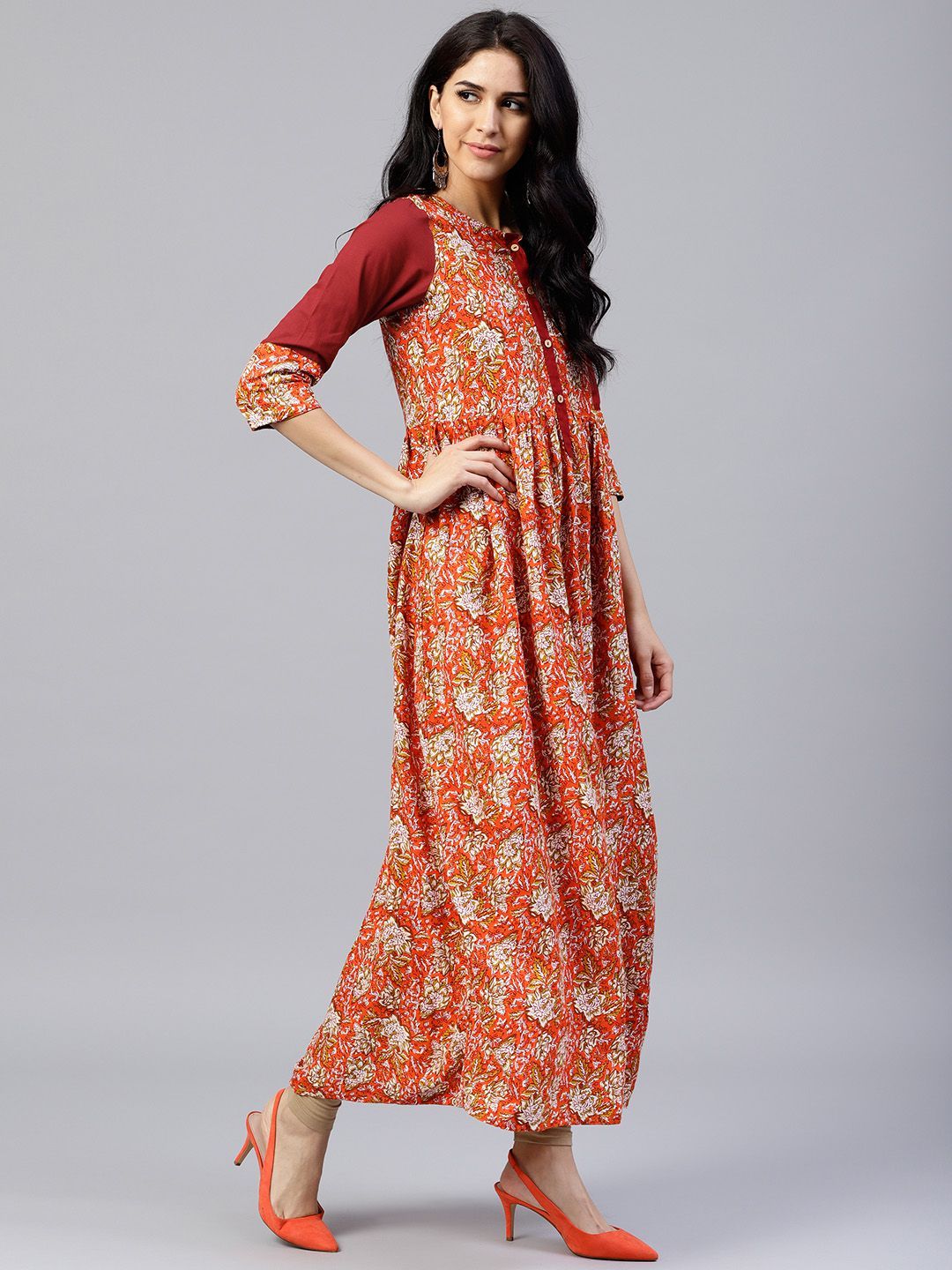 Women Orange Ethnic Motifs A-Line Maxi Dress