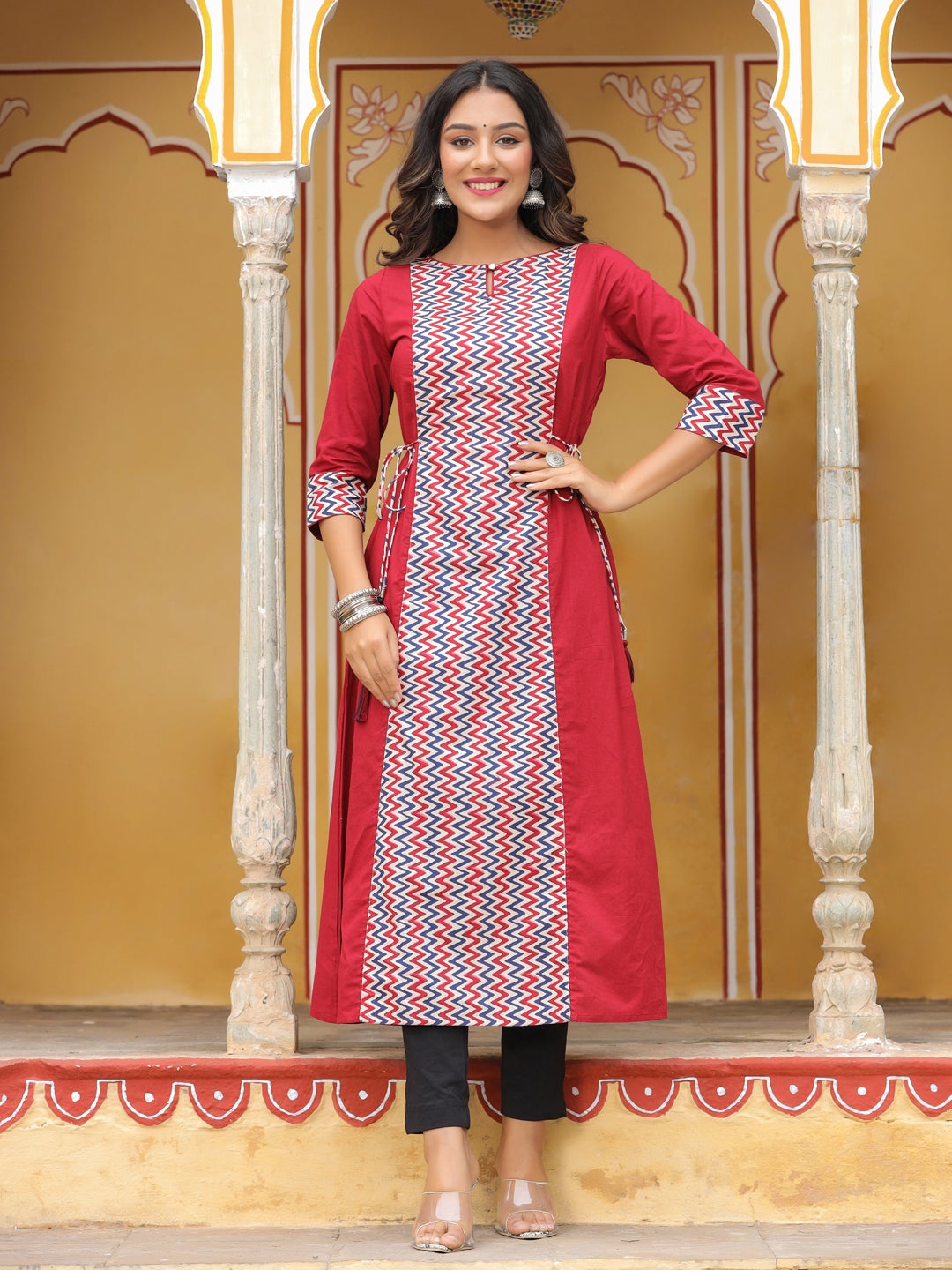 Maroon Geometric A-Line Cotton Kurta