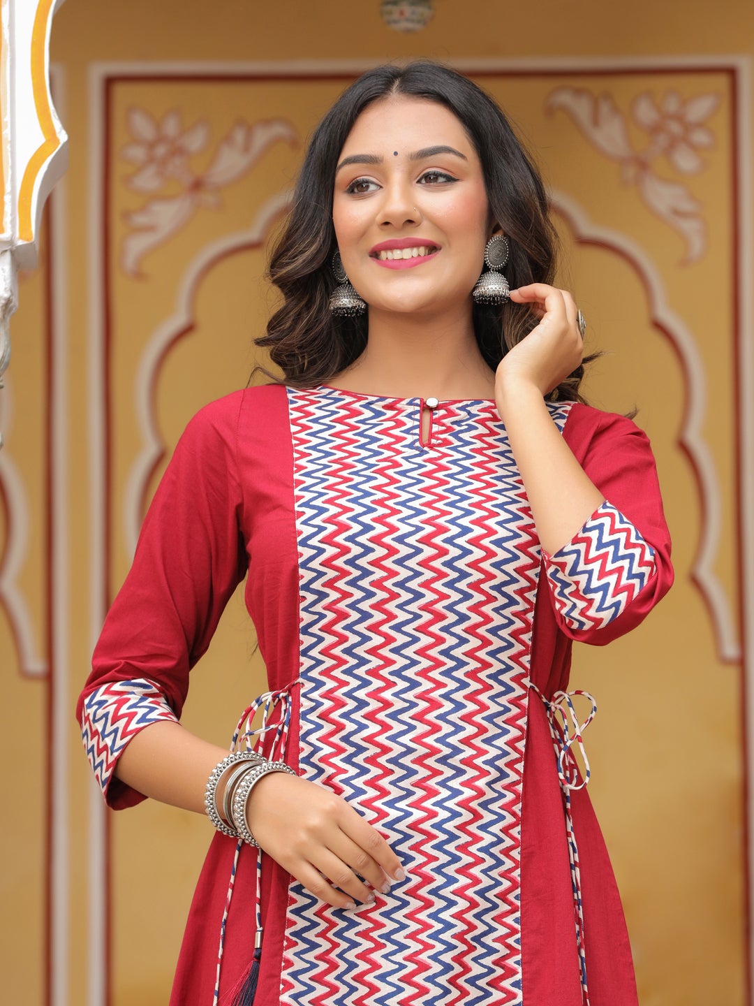 Maroon Geometric A-Line Cotton Kurta