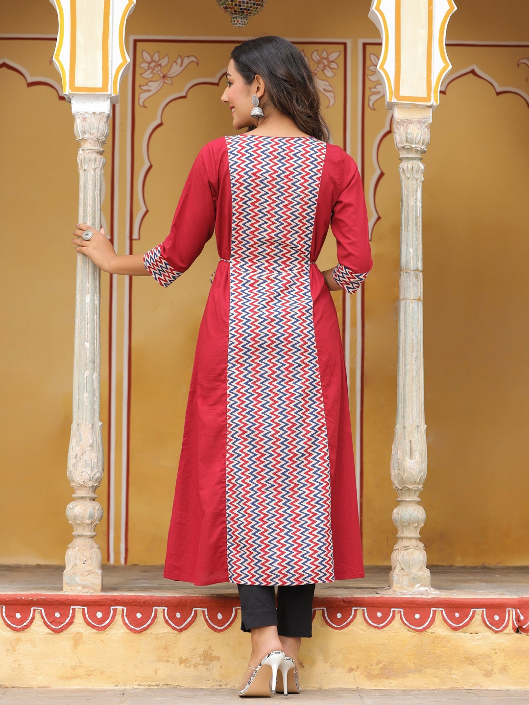 Maroon Geometric A-Line Cotton Kurta