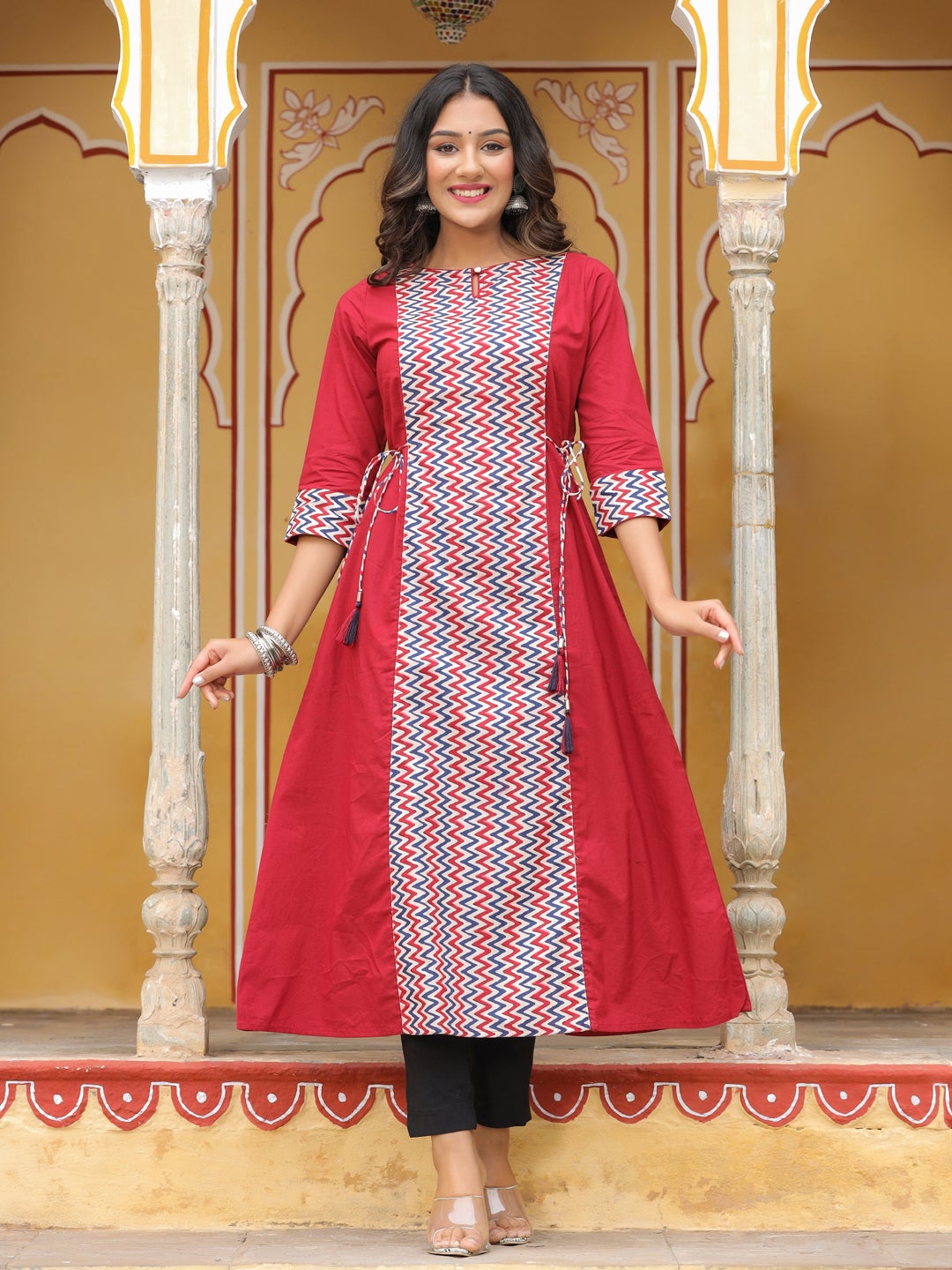 Maroon Geometric A-Line Cotton Kurta