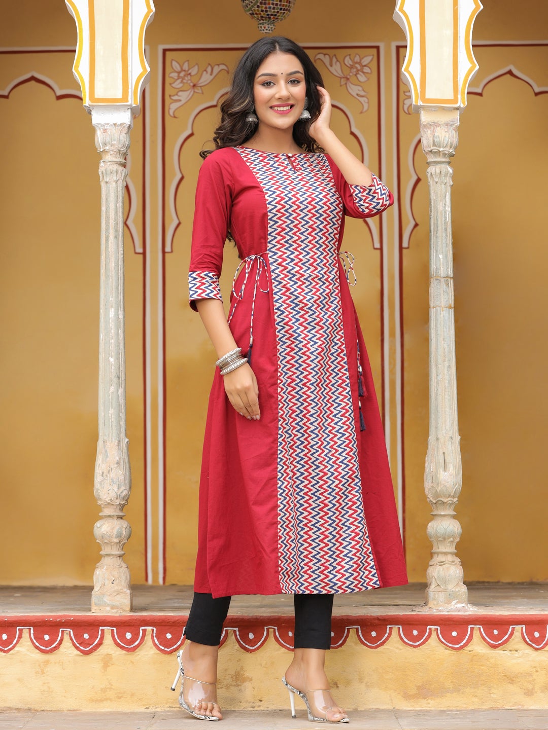Maroon Geometric A-Line Cotton Kurta