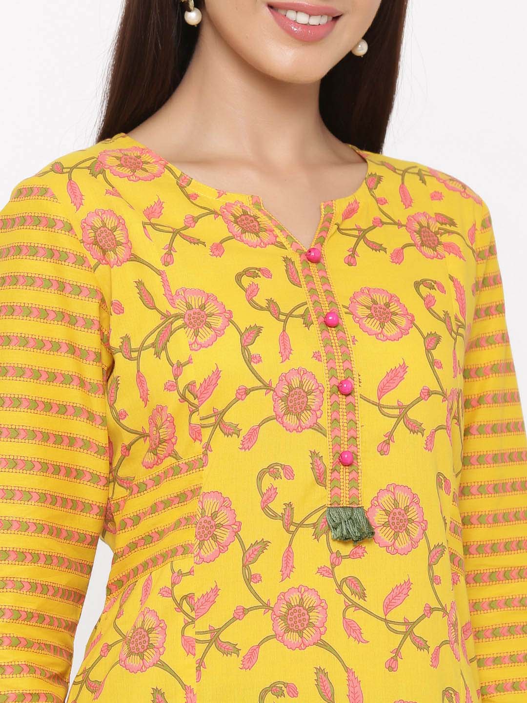 Yellow Floral Straight Cotton Kurta