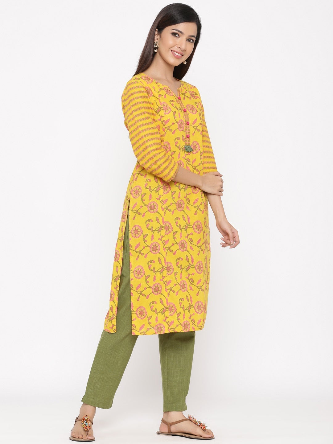Yellow Floral Straight Cotton Kurta