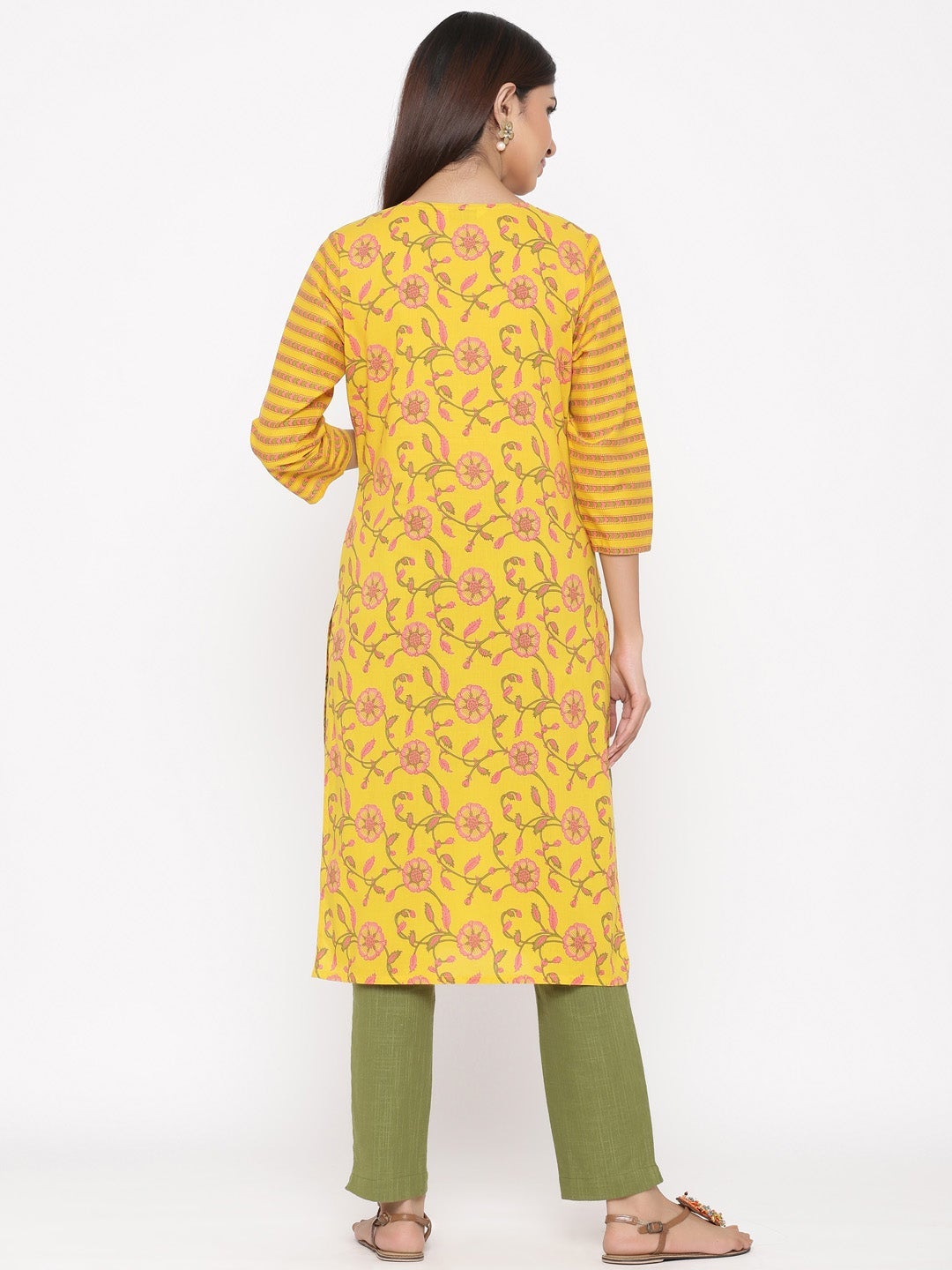 Yellow Floral Straight Cotton Kurta