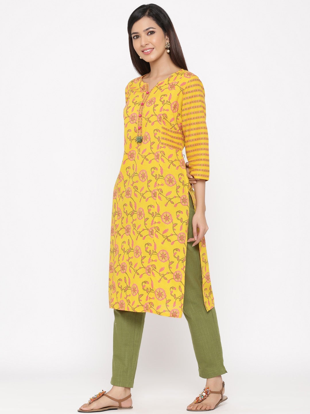Yellow Floral Straight Cotton Kurta