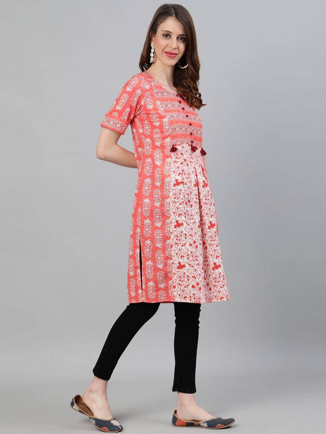 Peach Ethnic Motifs Straight Cotton Kurta