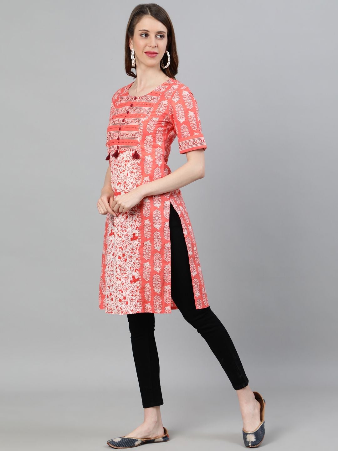 Peach Ethnic Motifs Straight Cotton Kurta