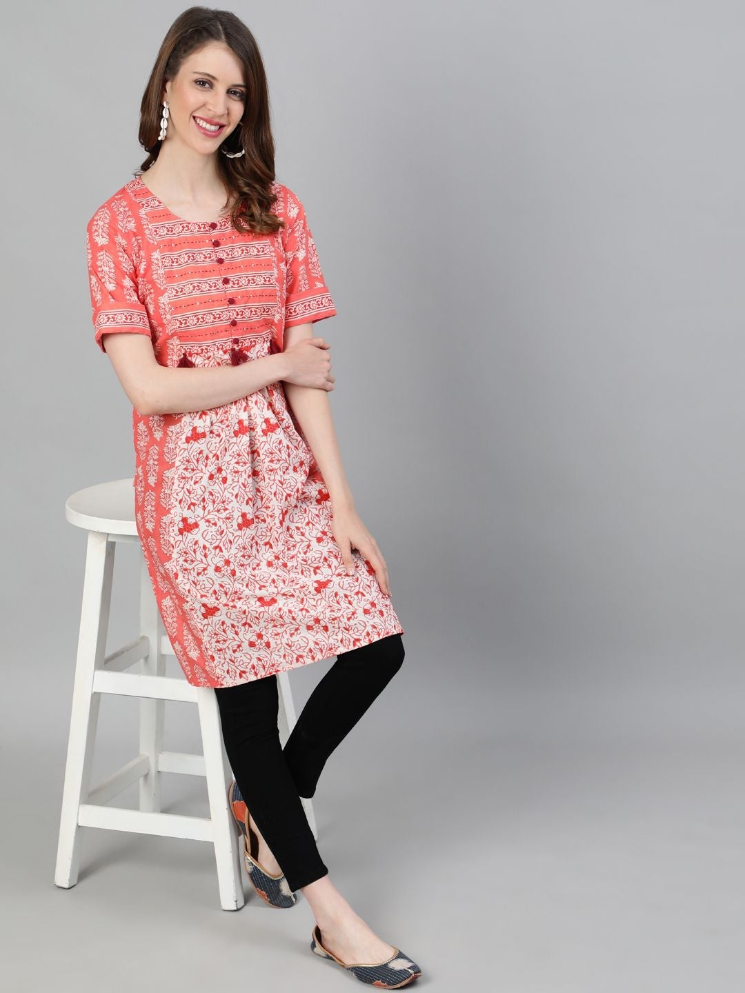 Peach Ethnic Motifs Straight Cotton Kurta