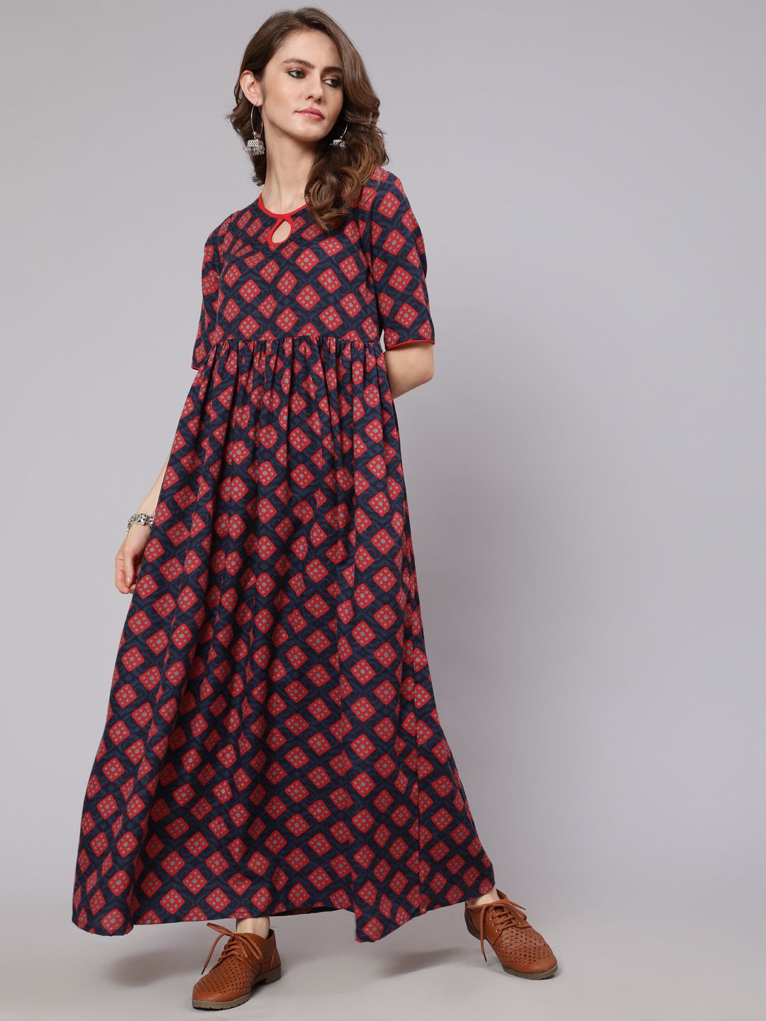 Maroon & Blue Printed Gathered Dress