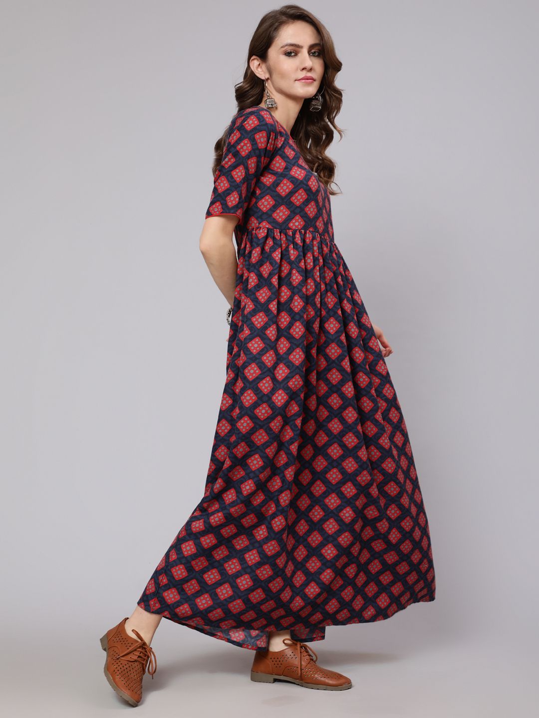Maroon & Blue Printed Gathered Dress