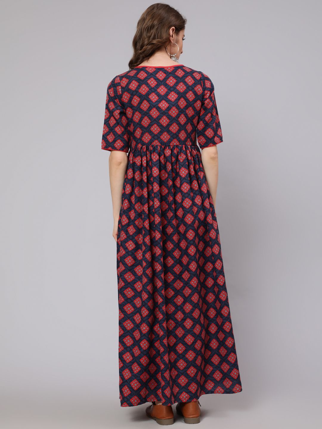 Maroon & Blue Printed Gathered Dress