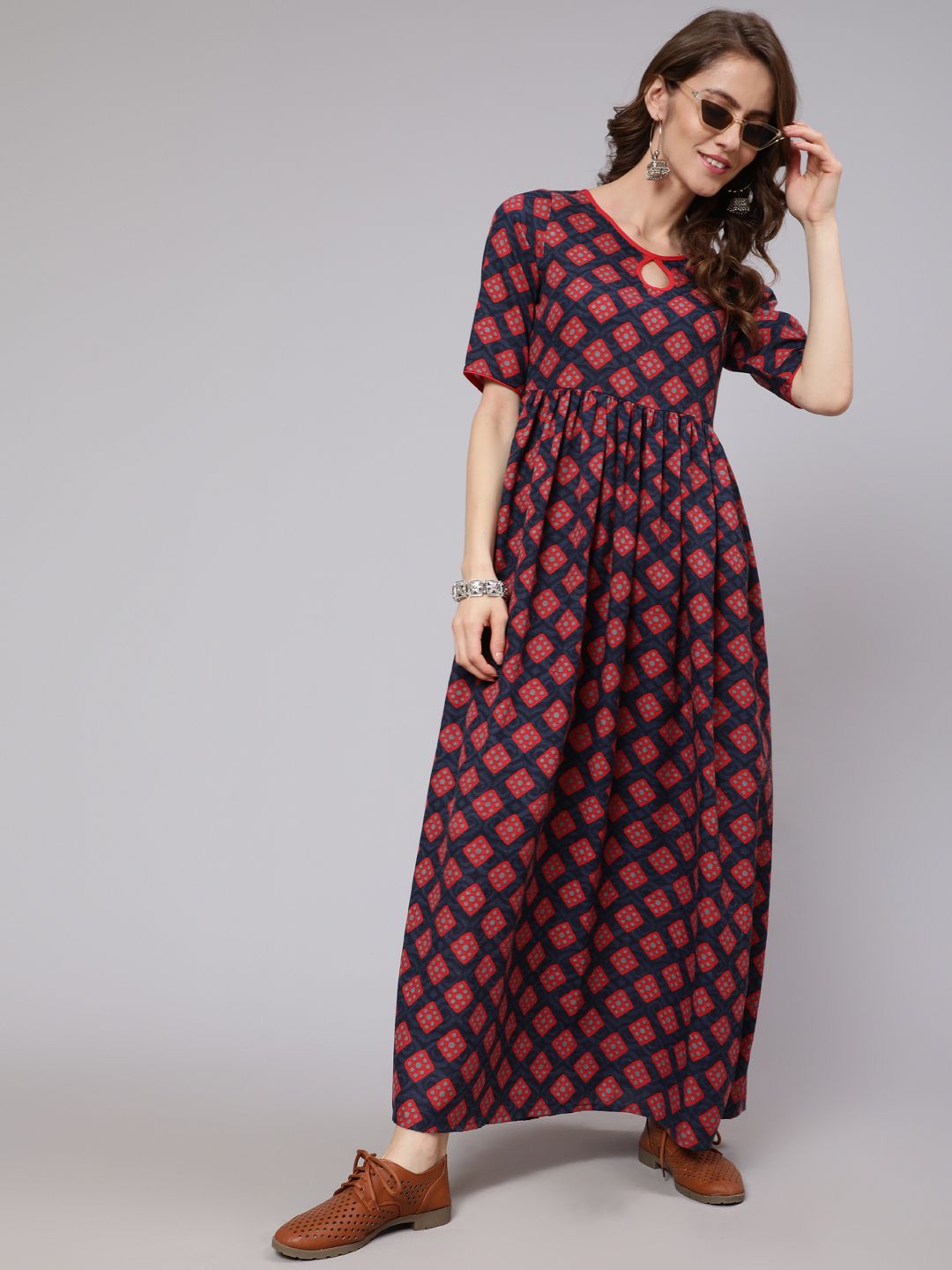 Maroon & Blue Printed Gathered Dress