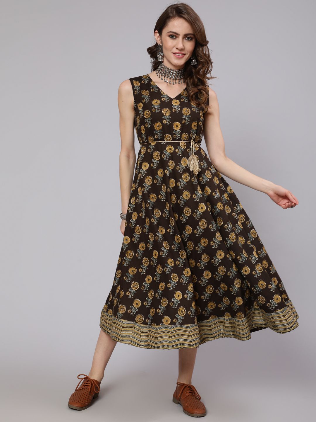 Olive & Grey Printed A-Line Dress