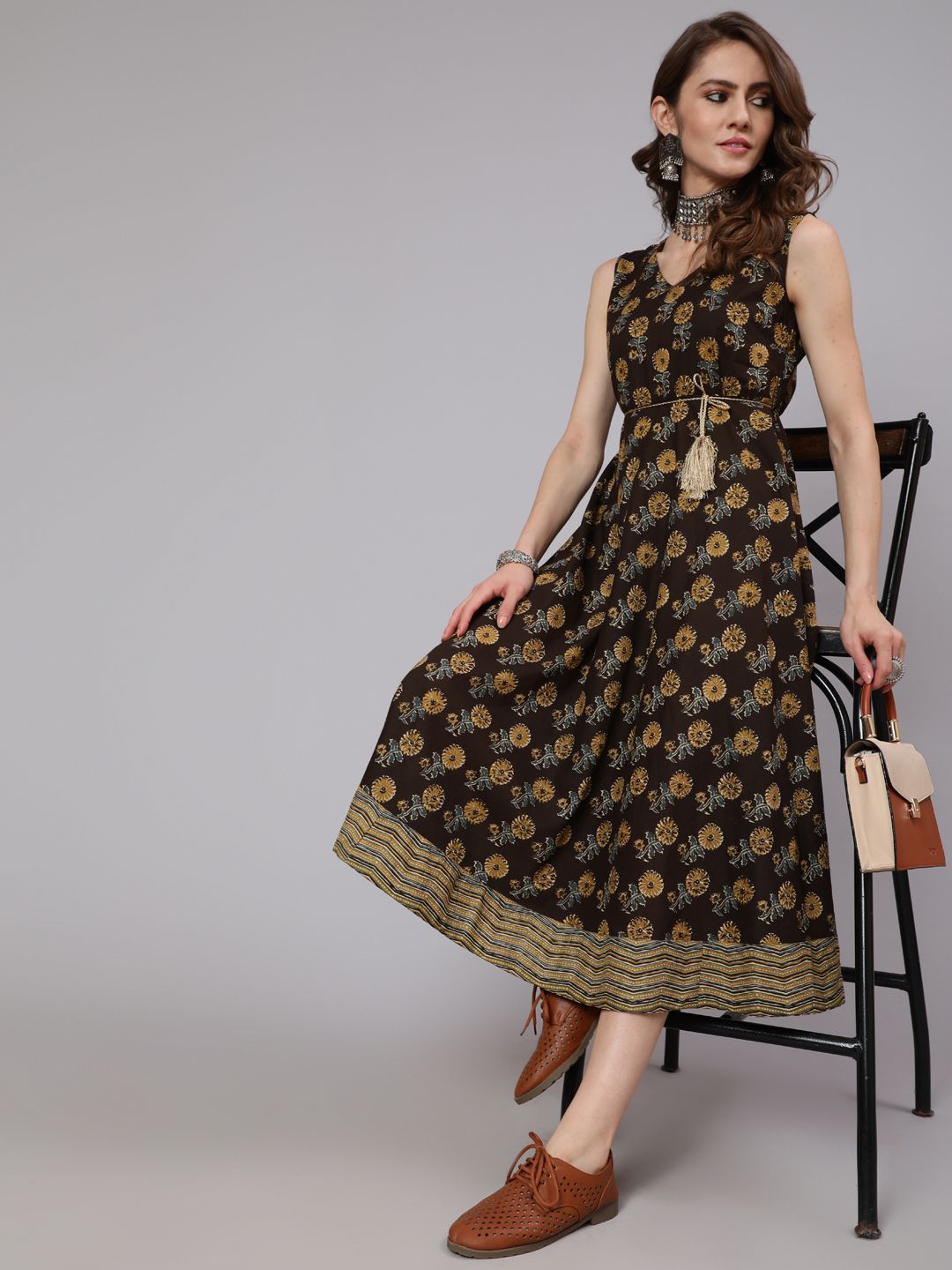 Olive & Grey Printed A-Line Dress