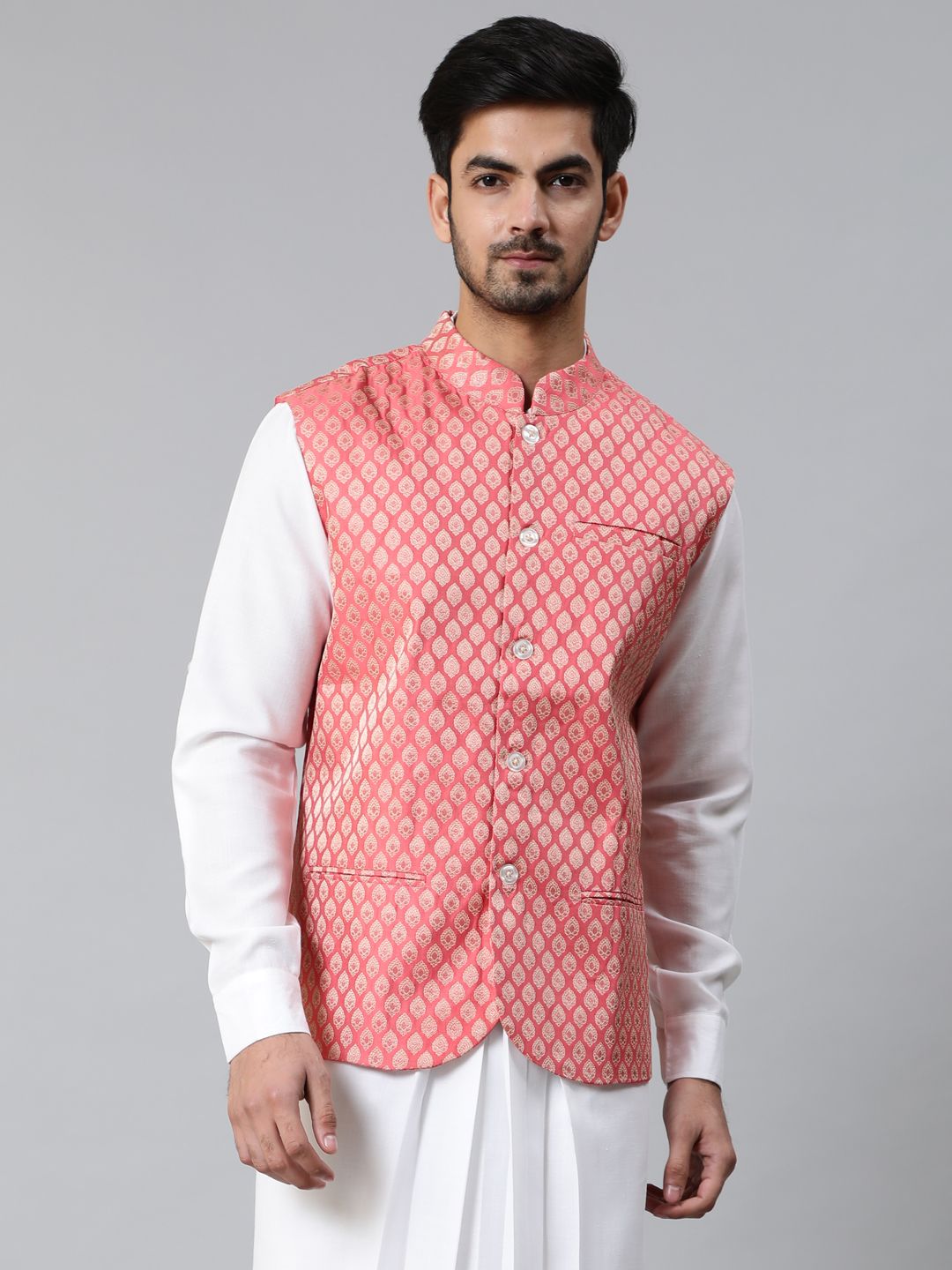 Peach Gold Brocade Woven Design Nehru Jacket