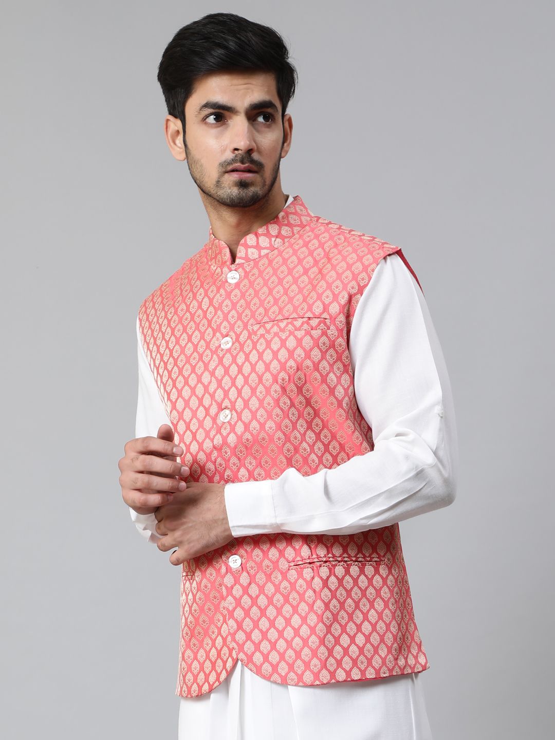 Peach Gold Brocade Woven Design Nehru Jacket