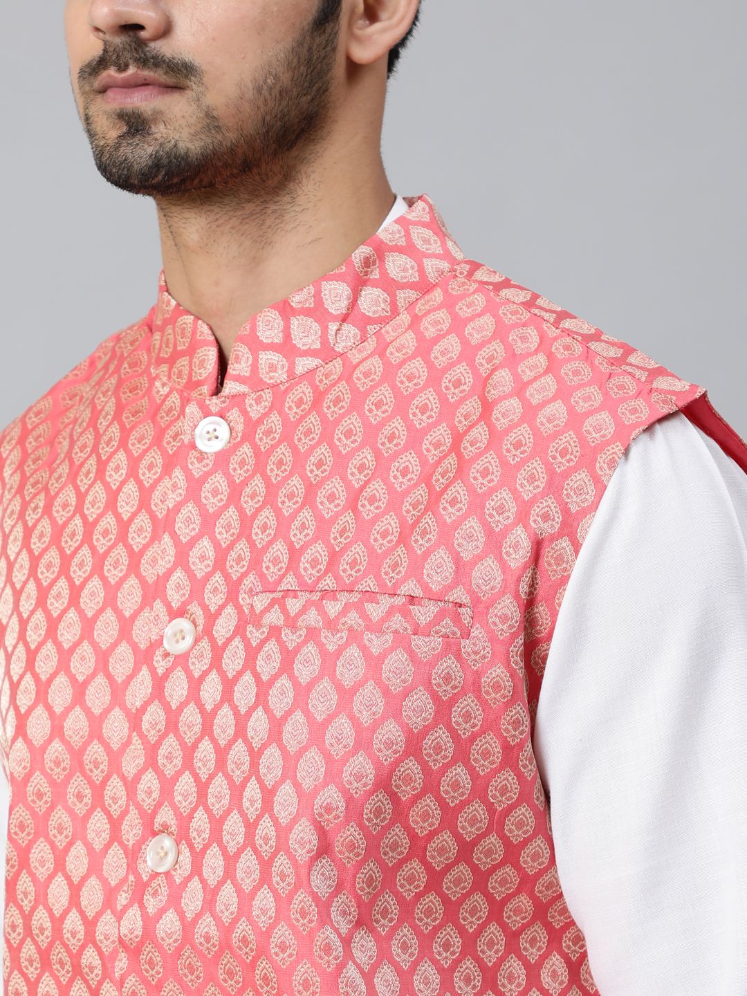 Peach Gold Brocade Woven Design Nehru Jacket