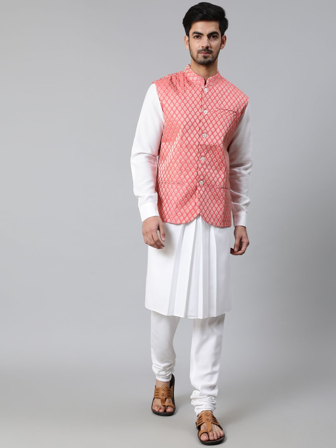 Peach Gold Brocade Woven Design Nehru Jacket