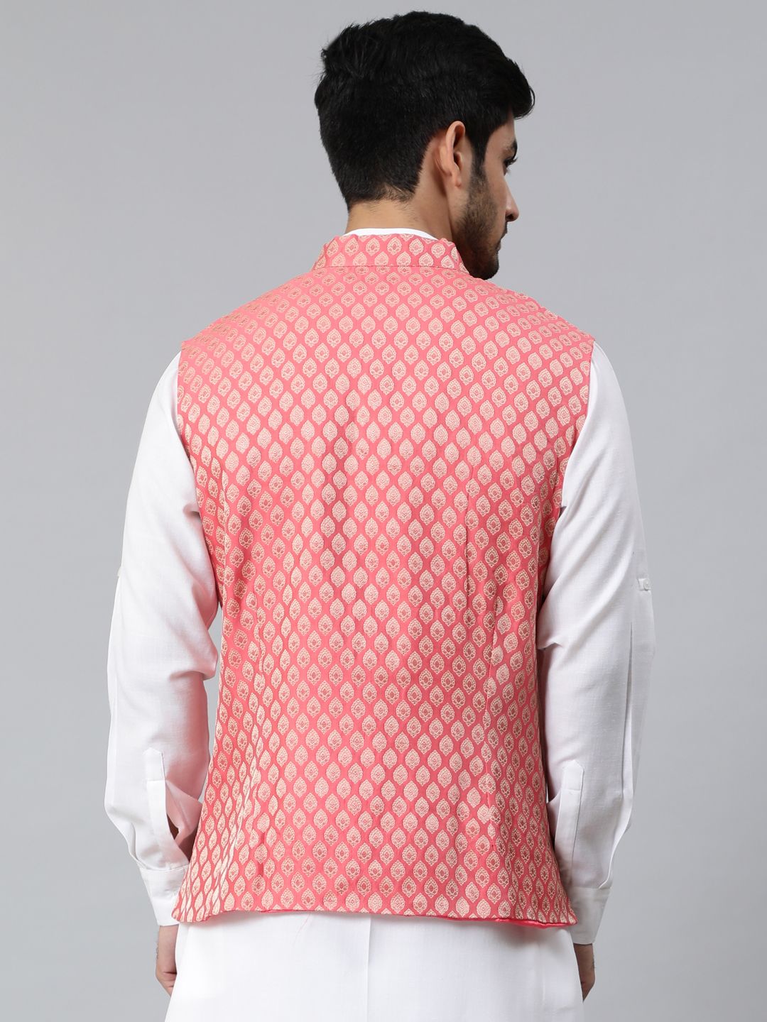 Peach Gold Brocade Woven Design Nehru Jacket