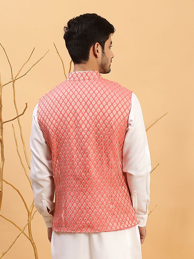 Peach Gold Brocade Woven Design Nehru Jacket