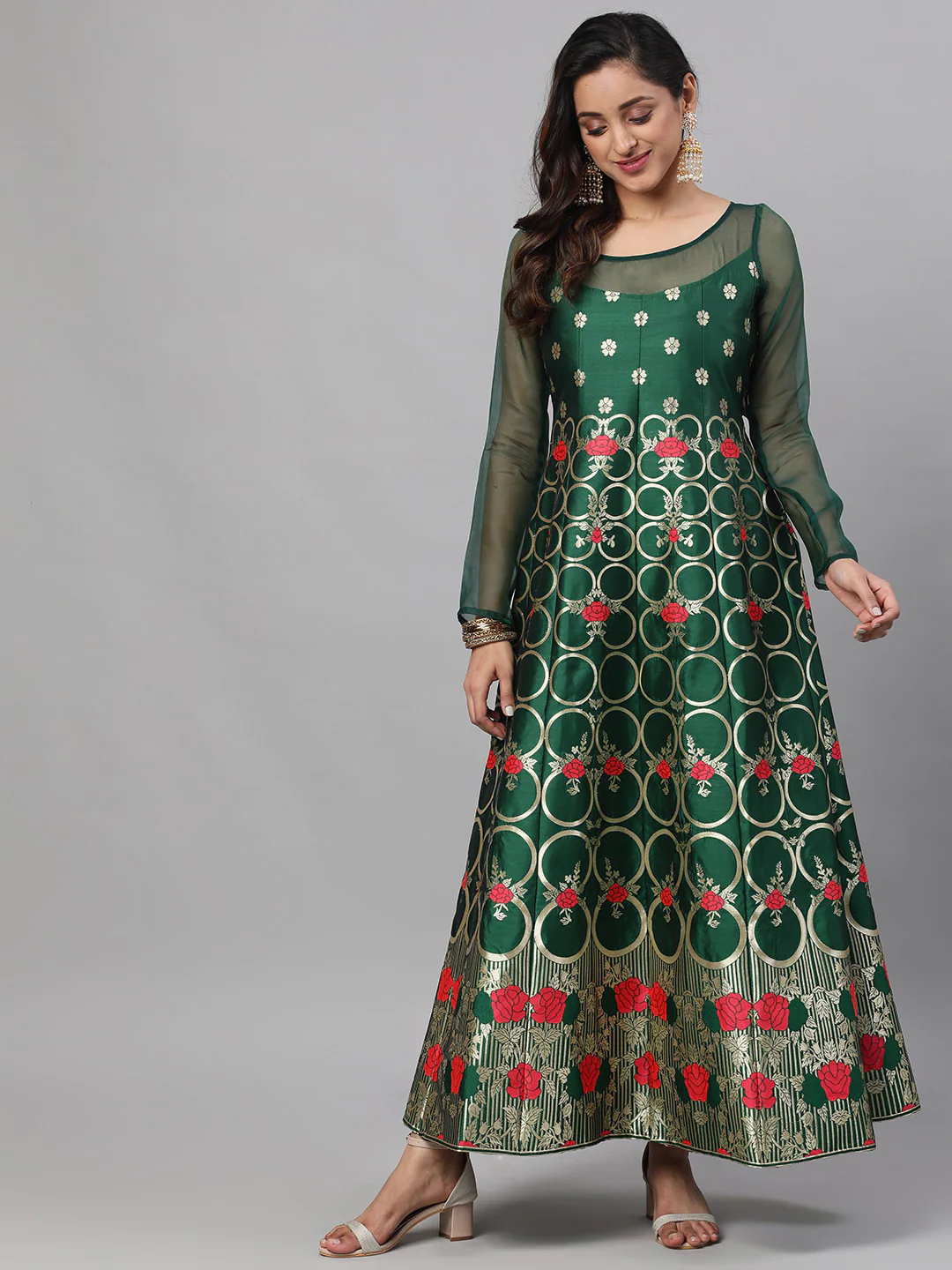 Green & Red Floral Zari Jacquard Design Maxi